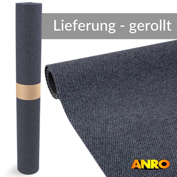 Strukturierter grauer Teppichläufer, für die Lieferung gerollt und teilweise ausgerollt dargestellt. ANRO Logo.