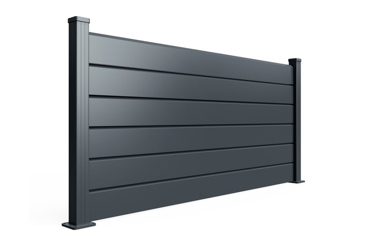 Sichtschutzzaun aus Aluminium in Anthrazit mit horizontalen Lamellen und zwei Pfosten.