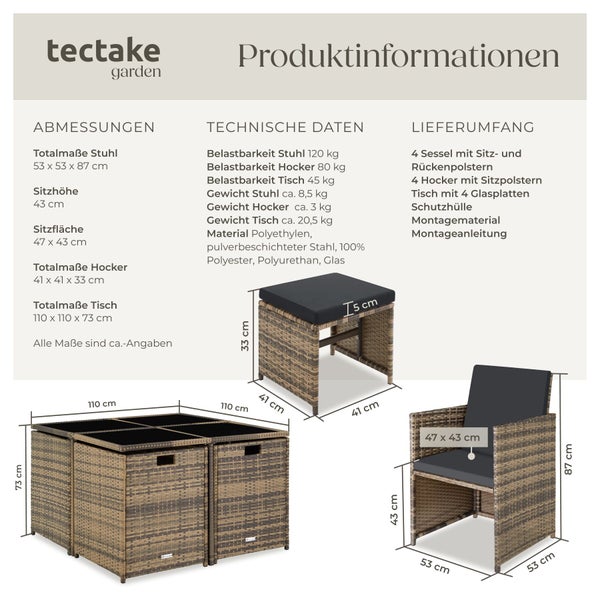 Tectake Garden Produktinformationen zum Gartenmöbelset aus Polyrattan mit Abmessungen und technischen Daten für Tisch, Sessel und Hocker.