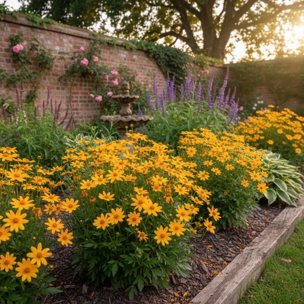 Gartenbeet mit gelben Mädchenaugen, violettem Salbei und rosa Kletterrosen vor einer Ziegelwand mit Steinbrunnen.
