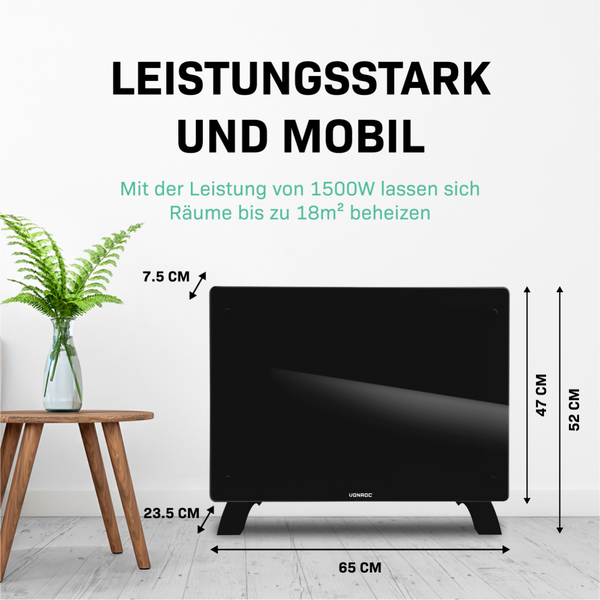 Abbildung eines schwarzen Heizgeräts mit den Maßen 65 cm Länge, 52 cm Höhe und 7,5 cm Tiefe neben einem Tisch mit einer Pflanze in einer Vase.