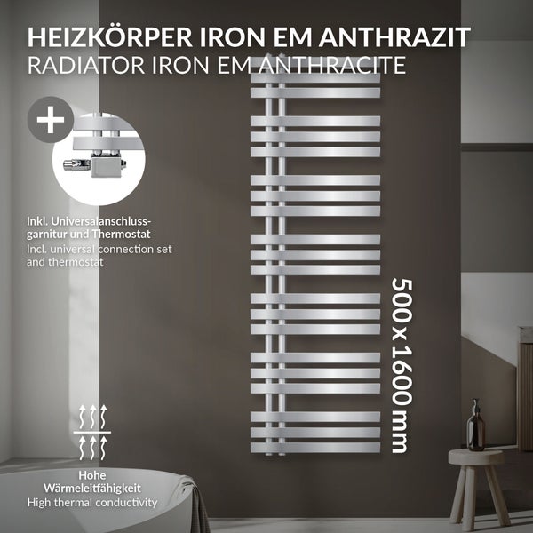 LuxeBath Badheizkörper Iron EM 500x1600 mm Chrom Mittelanschluss Anschlussgarnitur Thermostat Universal Eck- und Durchgangsform, Design Heizkörper Handtuchwärmer Handtuchtrockner Handtuchheizkörper