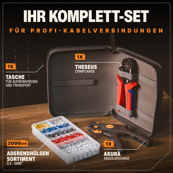 BAURIX® Sechskant Crimpzange mit 2000 Aderendhülsen Set und Abisolierzange, Aderendhülsenzange selbsteinstellend für 0,25-6mm², Krimpzange, Presszange, Crimpwerkzeug - Modell: THESEUS (6-Kant)