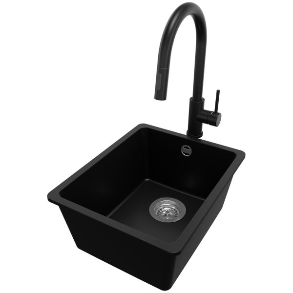 PRIMAGRAN Granitspüle Schwarz 36x44cm, Spülbecken 1 Becken + Küchenarmatur 40x20cm + Ablauf-Set, Küchenspüle ab 40er Unterschrank - Venedig Slim Easy