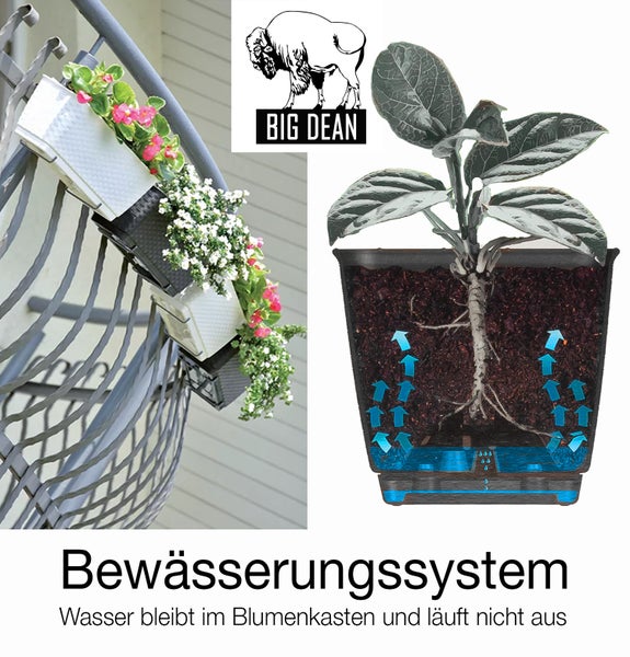 BigDean 6er Set Blumenkästen für Balkon-Geländer - Rattan-Optik - Anthrazit - Balkonkästen mit Metall-Halterung - 39 x 15,5 x 14 cm - inkl. Bewässerungssystem