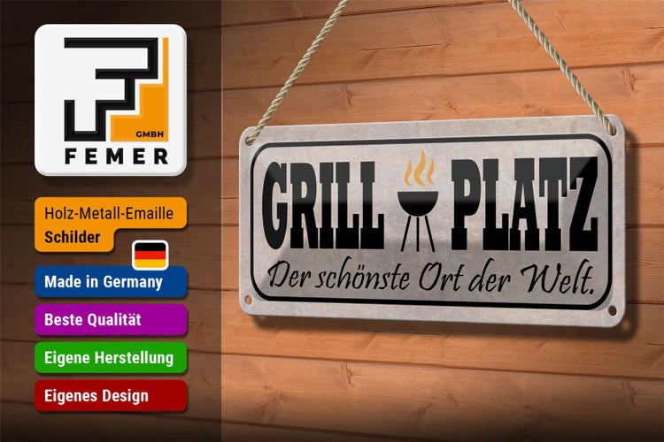 Blechschild Spruch 27x10cm Grill Platz schönster Ort Welt Dekoration
