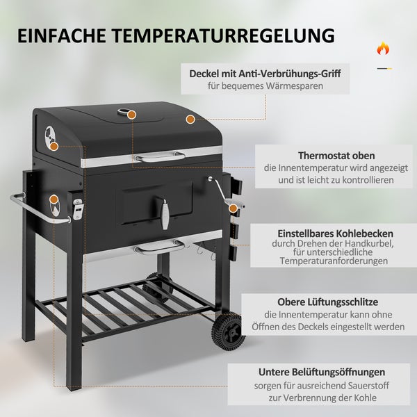 Outsunny Holzkohlegrill, Grillwagen, 113 x 65 x 108 cm, Edelstahl, Schwarz