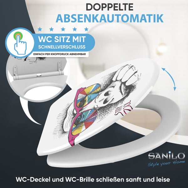 Toilettensitz von Sanilo mit Totenkopf-Motiv, doppelter Absenkautomatik und Schnellverschluss. Sanilo Logo.