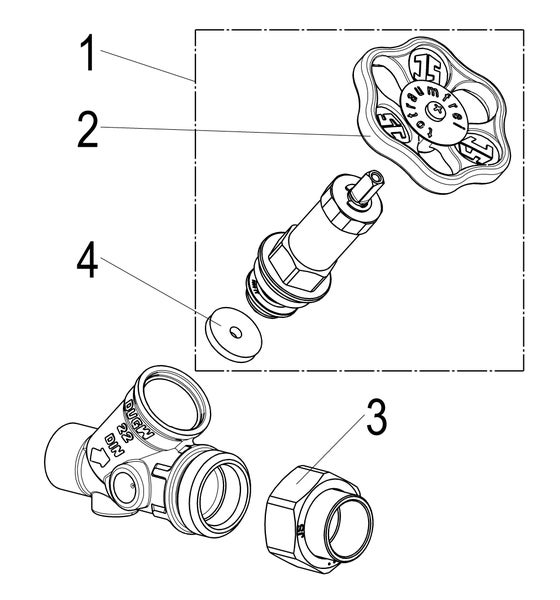 Explosionszeichnung eines Schrägsitzventils mit Handrad, Ventiloberteil, Dichtung und Anschlussmutter.