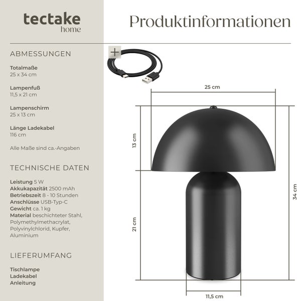 tectake Kade Kleine Retro-Tischlampe Kade, dimmbar  25 x 34 cm schwarz