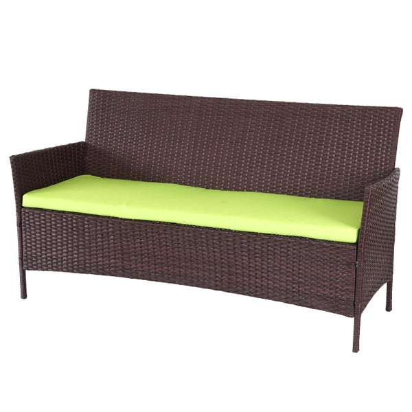 Gartenbank aus dunkelbraunem Polyrattan mit hellgrüner Sitzauflage, 3-Sitzer.