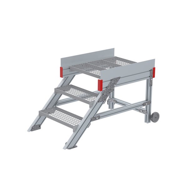 Aluminium-Podesttreppe mit 3 Gitterroststufen, Plattform mit Seitenschutz und Rollen.
