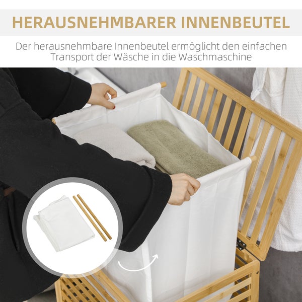 HOMCOM Wäschekorb Wäschetruhe 55L Wäschebox, Wäschesammler mit Deckel, Entnehmbarem Wäschesack, für Schlafzimmer, Bad, Bambus, 50 x 36 x 60 cm, Natur