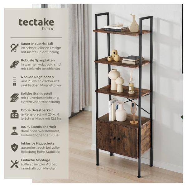 Regal im Industriedesign mit vier Regalböden, zwei Schrankfächern und Stahlrahmen