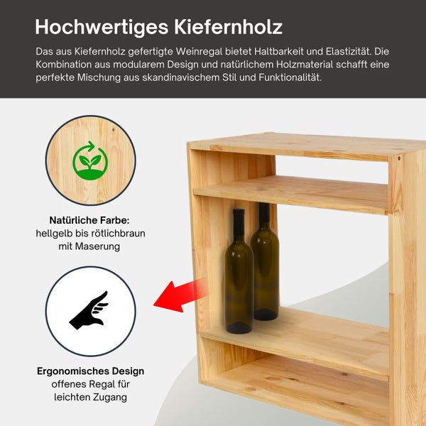 Weinregal aus hochwertigem Kiefernholz im modularen Design mit zwei Flaschen in einem offenen Fach für leichten Zugang.