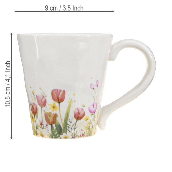 Keramiktasse mit Blumenmuster aus Tulpen, Höhe 10,5 Zentimeter und Breite 9 Zentimeter.