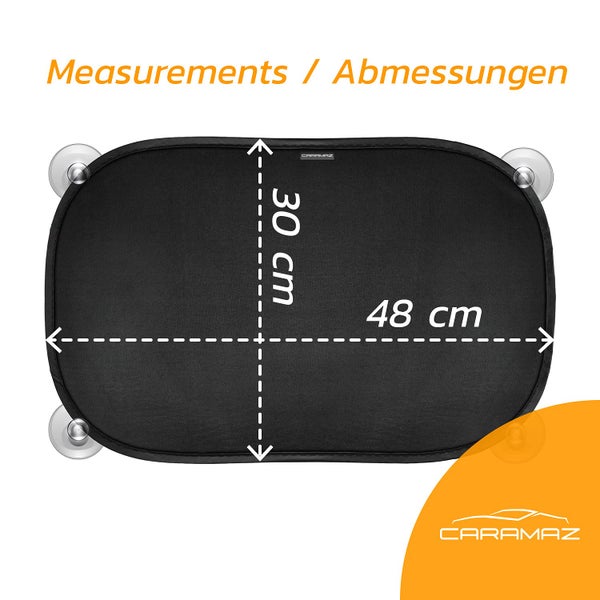 Caramaz Auto-Sonnenschutz mit Maßen: 48 Zentimeter Breite und 30 Zentimeter Höhe. Vier Saugnäpfe zur Befestigung. Caramaz Logo.