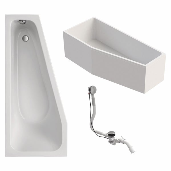 Eckbadewanne mit Badewannenverkleidung und Ablaufgarnitur