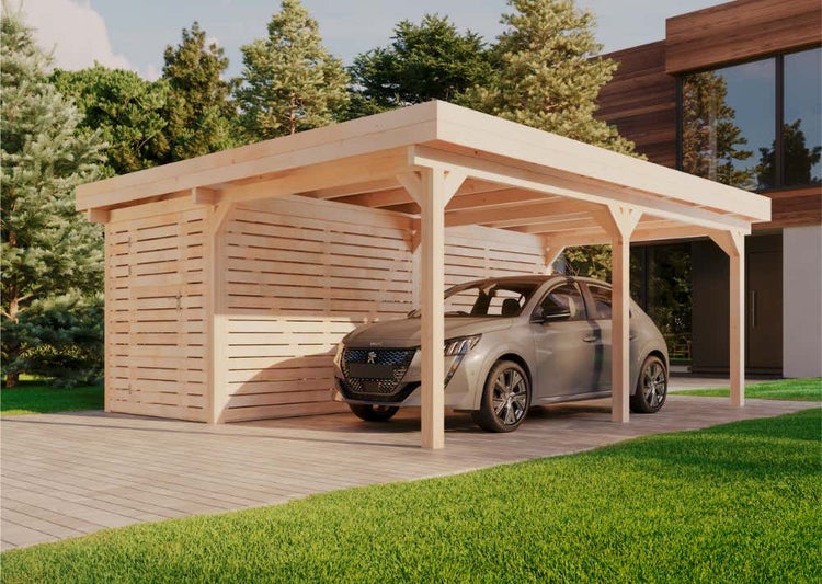 Carport aus Holz mit angrenzendem Geräteschuppen und parkendem Auto