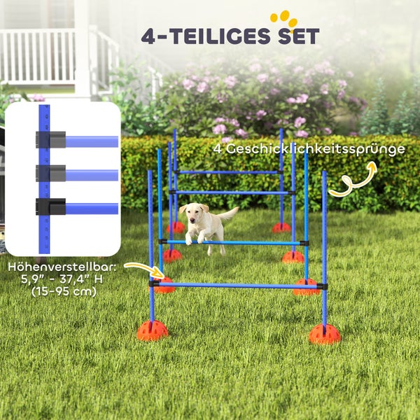 4er-Set Hunde-Agility-Hürden, höhenverstellbar von 15 bis 95 Zentimeter, ein Hund springt über eine Hürde im Garten.