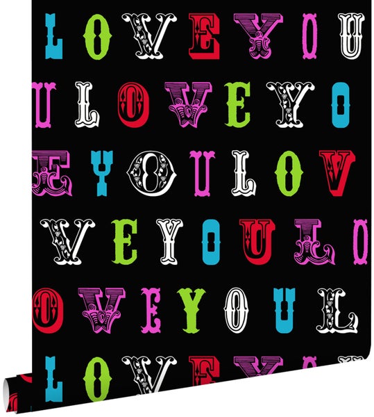 ESTAhome Tapete love you - Sprüche Multicolor auf Schwarz - 53 cm x 10.05 m - 136839