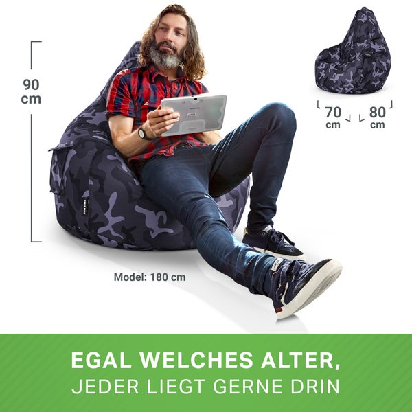 Green Bean Sitzsack mit Rückenlehne 80x70x90cm - Gaming Chair mit 230L Füllung Kuschelig Weich Waschbar - Bean Bag Bodenkissen Lounge Chair Sitzhocker Relax-Sessel Gamer Gamingstuhl Camouflage