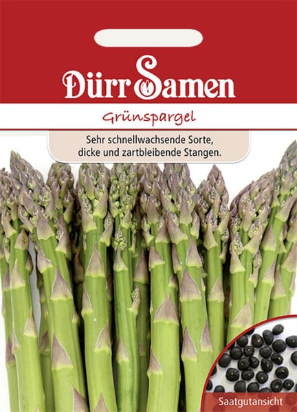 Dürr Samen Logo, Samentüte für Grünspargel mit Abbildung von erntefrischen Spargelstangen und einer Detailansicht der Samen.