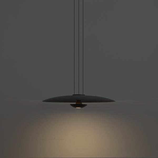 Moderne flache Pendelleuchte mit minimalistischem Design und schmaler Abhängung für direkte Lichtabstrahlung.