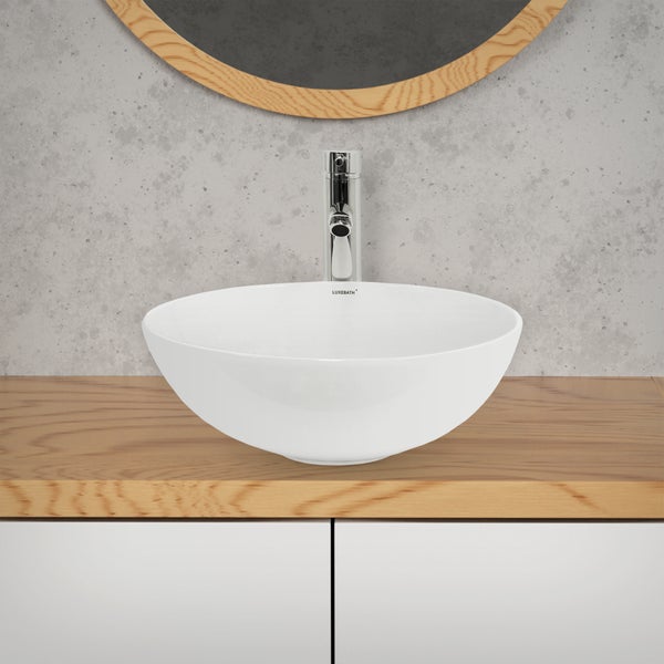 ECD Germany Waschbecken Waschtisch Ø 400 x 147 mm aus Keramik Rund Weiß - Aufsatzbecken Aufsatzwaschbecken Handwaschbecken Aufsatzwaschtisch Spülbecken Becken Wasserfall Waschschale Waschschüssel