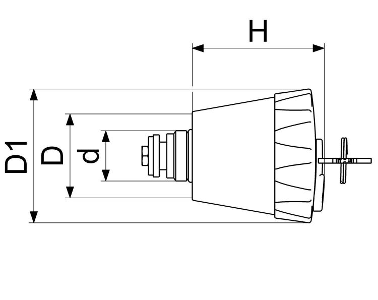 Technische Zeichnung eines Bauteils mit Maßangaben H, D1, D und d zur Bemaßung von Abmessungen.