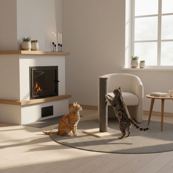 Wohnzimmer mit Kamin, Kratzbaum und zwei Katzen auf einem runden Teppich in einem hellen, gemütlichen Interieur.