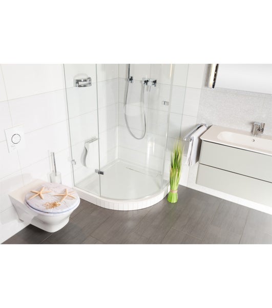 Modernes Badezimmer mit Eckdusche aus Glas, wandhängendem WC mit Seestern-Motiv auf dem Deckel und Waschtischunterschrank.