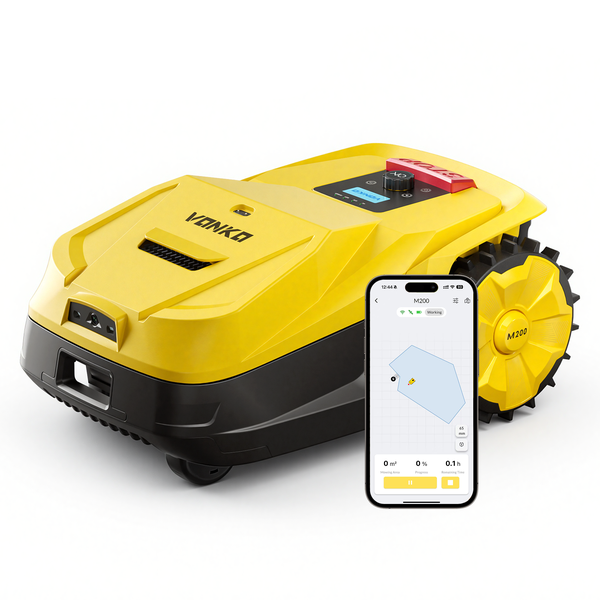 Gelber Mähroboter VANKA M200 mit App-Steuerung auf einem Smartphone.