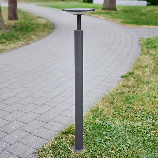 Moderne, zylindrische Wegleuchte aus Metall mit flachem, scheibenförmigem Kopf an einem gepflasterten Gartenweg.