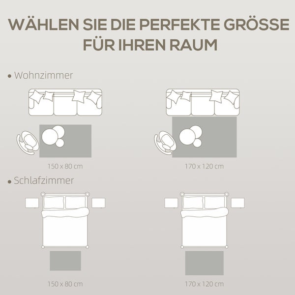Größenratgeber für Teppiche im Wohnzimmer und Schlafzimmer mit Maßen 150 mal 80 Zentimeter und 170 mal 120 Zentimeter.