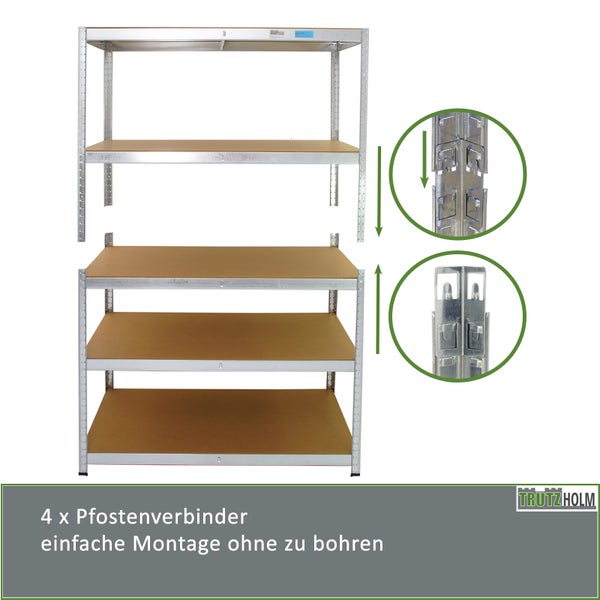 Trutzholm Steckregal System mit vier Pfostenverbindern für einfache werkzeuglose Montage der Regalelemente übereinander.