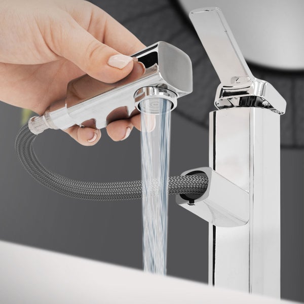ECD Germany Waschbecken Waschtisch 415x360x130mm Keramik Eckig Weiß + Wasserhahn ausziehbare Brause Standard Chrom + Ablaufgarnitur Pop-Up Ventil Chrom, Aufsatzwaschbecken Aufsatzwaschtisch Waschplatz