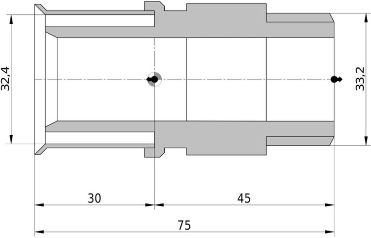 Technische Zeichnung mit Maßangaben: Gesamtlänge 75, Teillängen 30 und 45 sowie Durchmesser 32,4 und 33,2.