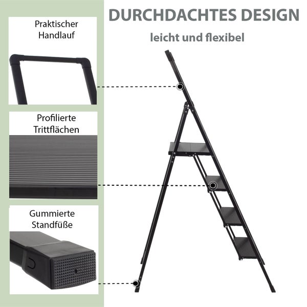 Trittleiter mit Haltegriff, profilierten Trittflächen und Gummifüßen.