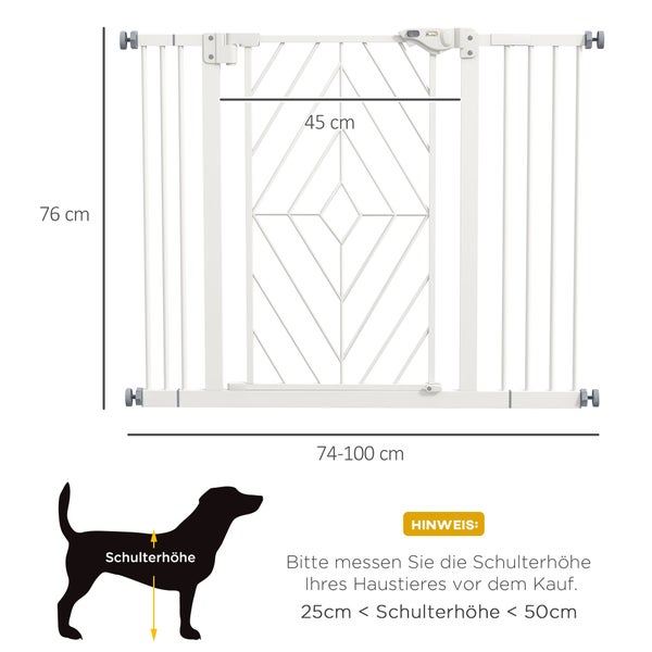 PawHut Hunde Treppenschutzgitter, Hundeabsperrgitter mit automatisch schließender Tür, 74-100 cm, Türschutzgitter, ohne Bohren, Absperrgitter für Hunde, Weiß