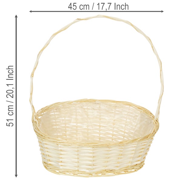 Runder Pflanzkorb aus Weidengeflecht mit Tragegriff und Folie, Durchmesser 45 Zentimeter, Höhe 51 Zentimeter.