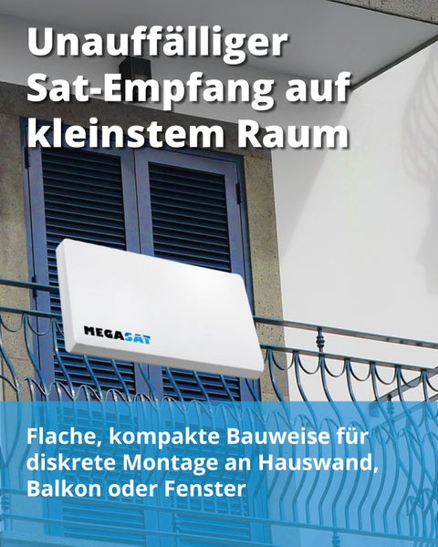 Flache Megasat Satellitenantenne fuer die unauffaellige Montage am Balkongelaender vor einem Fenster mit Fensterladen.