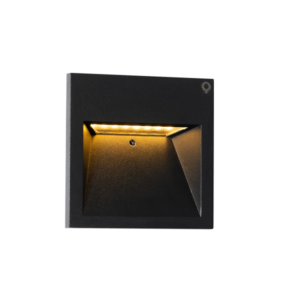 Quadratische LED-Wandleuchte aus schwarzem Metall mit nach unten gerichtetem Licht.