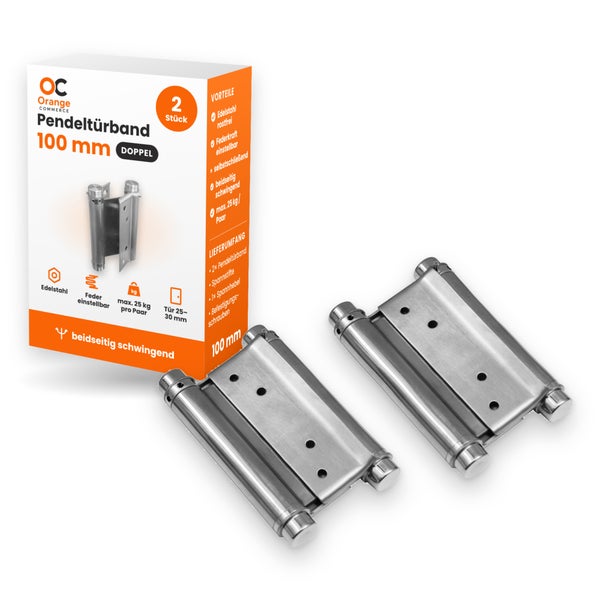 Zwei 100 Millimeter Pendeltürbänder aus rostfreiem Edelstahl mit einstellbarer Federkraft in Produktverpackung von Orange Commerce