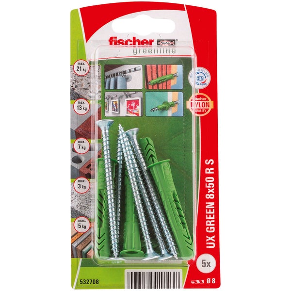 Fischer Greenline Universal Dübel UX GREEN 8 x 50 mit Schrauben, 5er-Pack