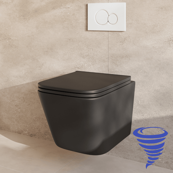 Wandhänge WC in modernem Design inklusive WC Sitz vor hellen Fliesen mit Betätigungsplatte