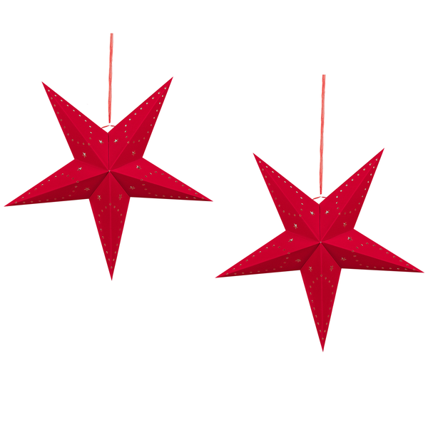 Zwei rote Papiersterne als Weihnachtsdekoration zum Aufhängen