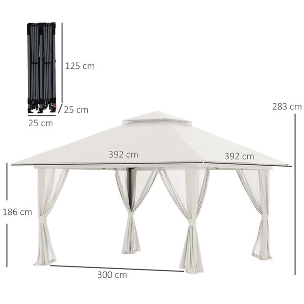 Outsunny Faltpavillon 4 x 4 m, Pavillon mit 4 Moskitonetz, Höhenverstellbares Pop-Up-Zelt UV-Schutz 50+, Partyzelt mit Doppeldach, Tragetasche, für Balkon, Campingplatz, Oxford-Polyester Cremeweiß