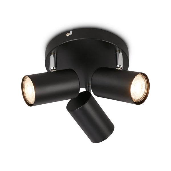Dreiflammiger Deckenstrahler mit verstellbaren zylindrischen Köpfen in Schwarz matt.