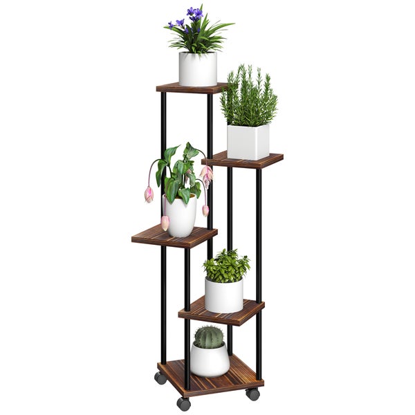 Outsunny 5-Etagen Pflanzenständer mit Räder, Blumenständer für Innen Außen, Pflanzenregal aus Stahl, Holz, mehrstöckig Blumenregal, 110cm hoch Blumentreppe für Wohnzimmer, Garten Balkon Deko, Verkohlt